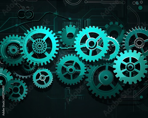 Abstract Digital Technology Background Featuring Teal Gears and Cogs on Black, Ideal for Advanced Engineering Concepts