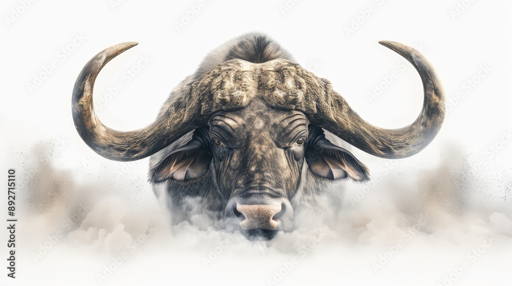 Naklejka premium Powerful buffalo emerging from mist, symbolizing strength and nature's majesty with impressive horns, perfect for wildlife and nature themes.