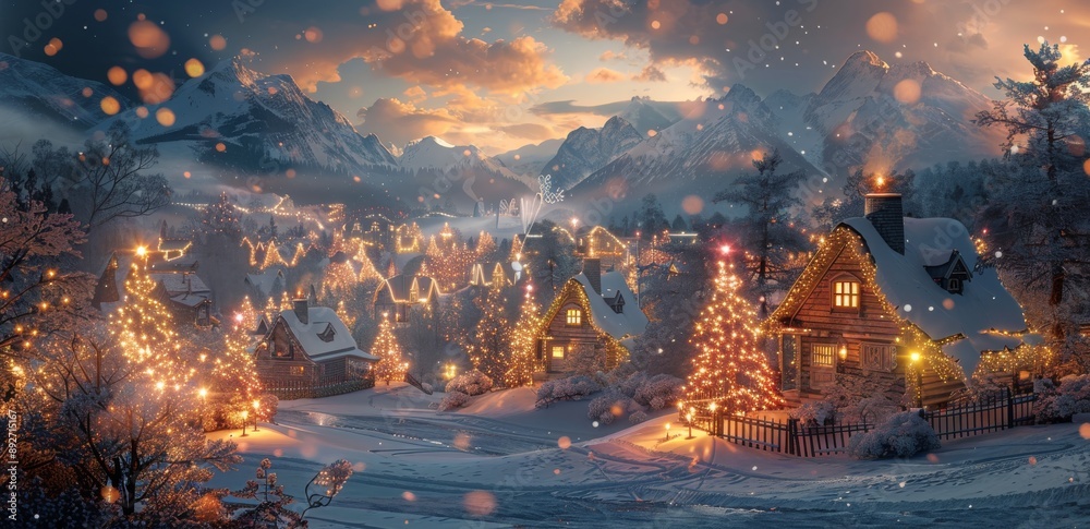 Obraz premium Snowy Village Street at Dusk With Christmas Lights