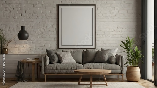 Frame mockup, ISO A paper size. Living room wall poster mockup. Interior mockup with house background.