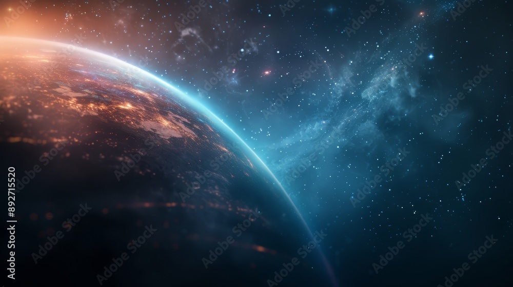 Stunning view of a distant planet with a glowing atmosphere against a backdrop of starry space and swirling nebulae.