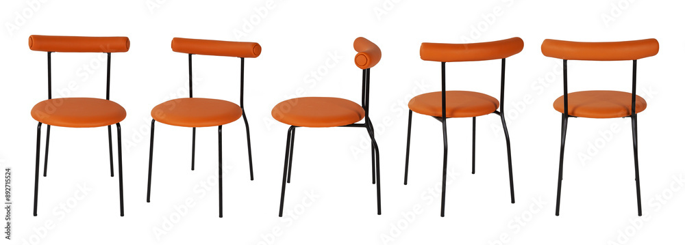 Set of brown chairs. Metal and brown leather. Isolated set of brown chairs on white background. Metal chairs upholstered in white leather. Modern brown chairs design.