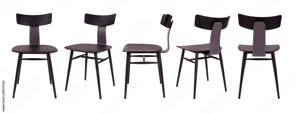 Set of black chairs. Metal and black leather. Isolated set of black chairs on white background. Metal chairs upholstered in black leather. Modern black chairs design.