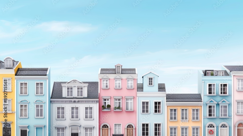 Colorful row of charming pastel houses against a blue sky, showcasing unique architecture in a vibrant urban neighborhood. Colorful row of charming pastel houses against a blue sky, showcasing unique architecture in a vibrant urban neighborhood.