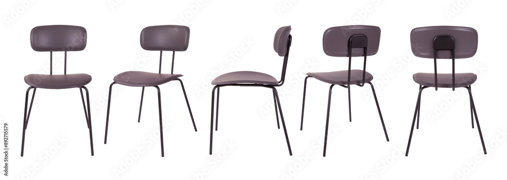 Set of gray chairs. Metal and gray leather. Isolated set of gray chairs on white background. Metal chairs upholstered in gray leather. Modern gray chairs design.