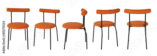 Obraz na płótnie Set of brown chairs. Metal and brown leather. Isolated set of brown chairs on white background. Metal chairs upholstered in white leather. Modern brown chairs design. w salonie