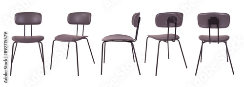Obraz na płótnie Set of gray chairs. Metal and gray leather. Isolated set of gray chairs on white background. Metal chairs upholstered in gray leather. Modern gray chairs design. w salonie