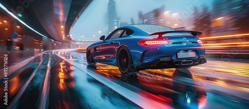 Blue Sports Car Speeding Through City at Night