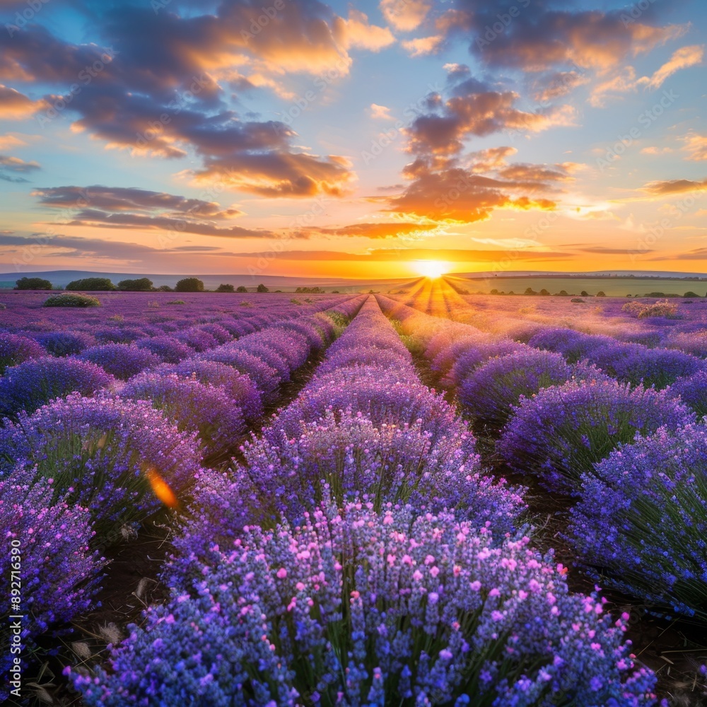 Fototapeta premium A high-quality stock image of a sunrise over a lavender field. The image shows the vibrant colors of the morning sun and lavender. AI generation.