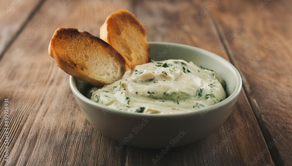 Bowl of creamy spinach and artichoke dip, slices of toasted baguette on wooden table. Tasty snack. Bowl of creamy spinach and artichoke dip, slices of toasted baguette on wooden table. Tasty snack.
