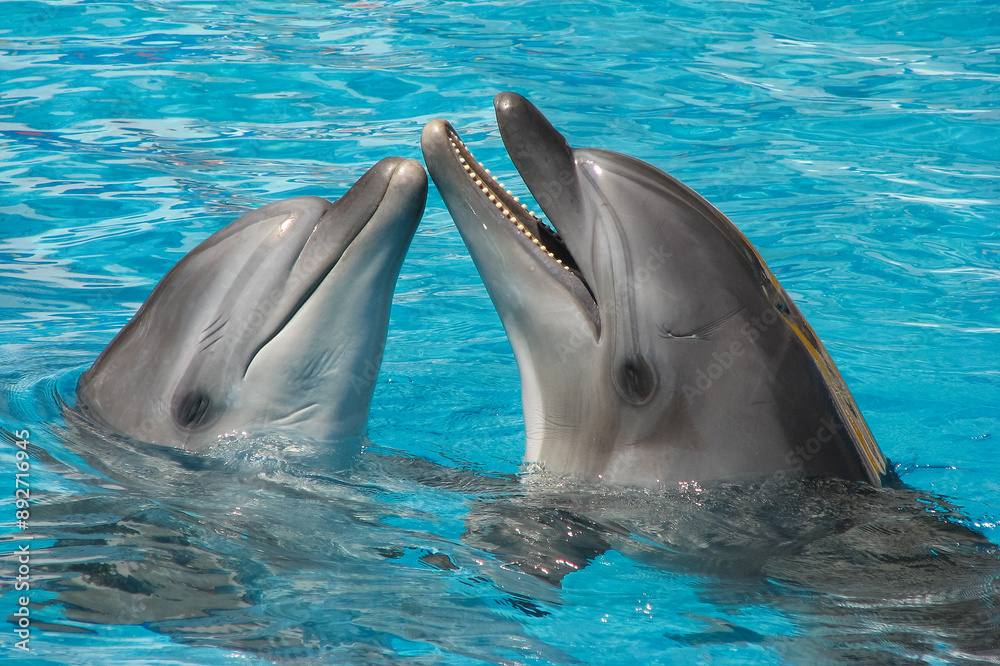 Fototapeta premium Graceful dolphins frolicking in captivity, a fascinating exhibition in the pool