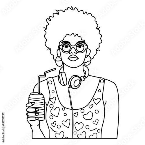 Afro american young woman vector avatar for social network. Straight pose portrait. Vector flat illustration in linear style. 