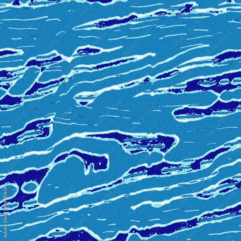 Naklejka premium Summer blue dyed wave water pattern with broken linear stripe effect. Fresh blue underwater texture background for modern seamless nautical maritime organic style. 