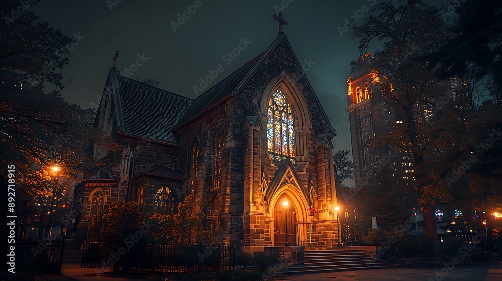 A beautifully lit church at night, the warm lights creating a soft glow around the building, the intricate details of the stone carvings and stained glass windows visible, A beautifully lit church at night, the warm lights creating a soft glow around the building, the intricate details of the stone carvings and stained glass windows visible,