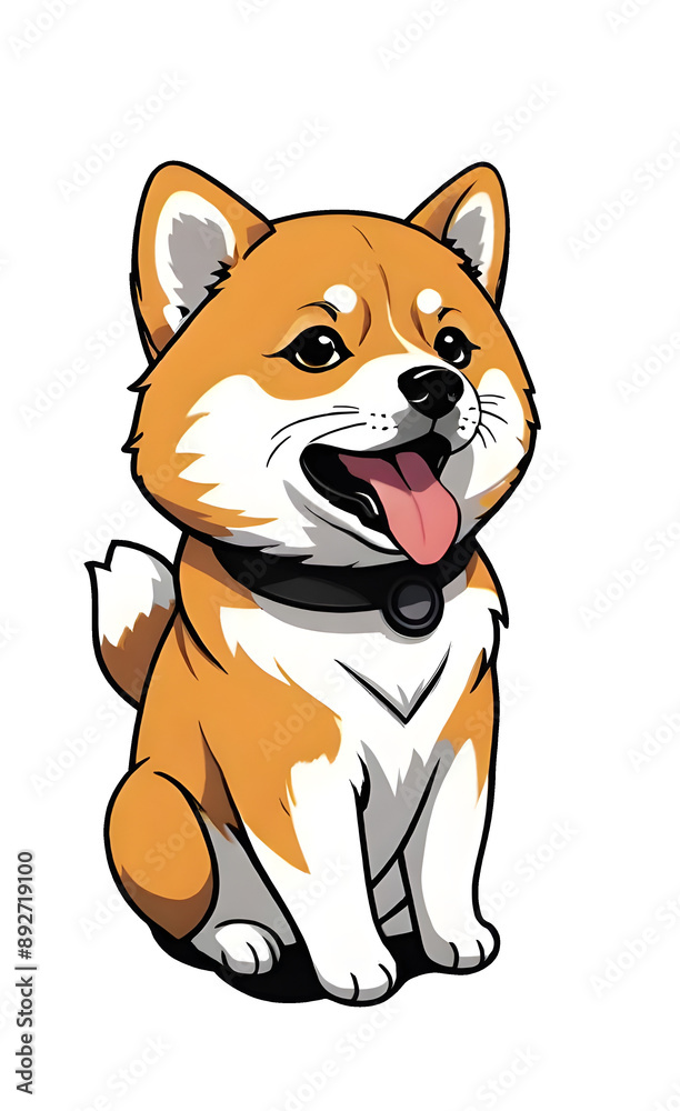 Fototapeta premium This is a cartoon illustration of a happy Shiba Inu dog. It has a fluffy tail curled over its back, brown and white fur, and is wearing a black collar.