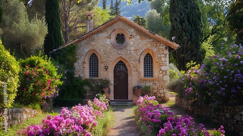 A charming chapel with a stone facade and arched windows, nestled in a quaint village, surrounded by tall trees and vibrant flowers, a narrow path leading to the entrance, the chapel bathed in soft,