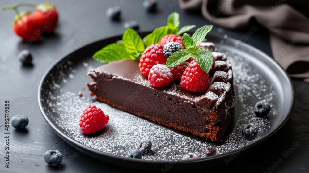 Beautifully plated sweet dessert, such as a slice of chocolate cake or a fruit tart Beautifully plated sweet dessert, such as a slice of chocolate cake or a fruit tart