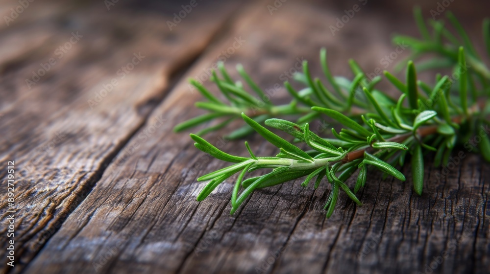 Single twig of fresh rosemary, placed on a rustic wooden surface Single twig of fresh rosemary, placed on a rustic wooden surface