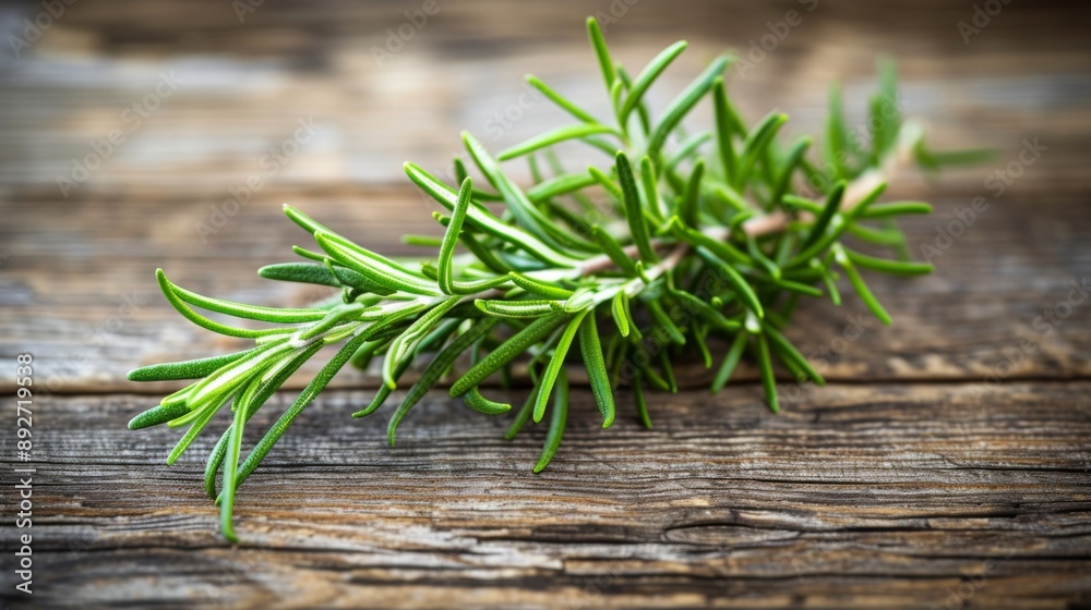 Single twig of fresh rosemary, placed on a rustic wooden surface Single twig of fresh rosemary, placed on a rustic wooden surface