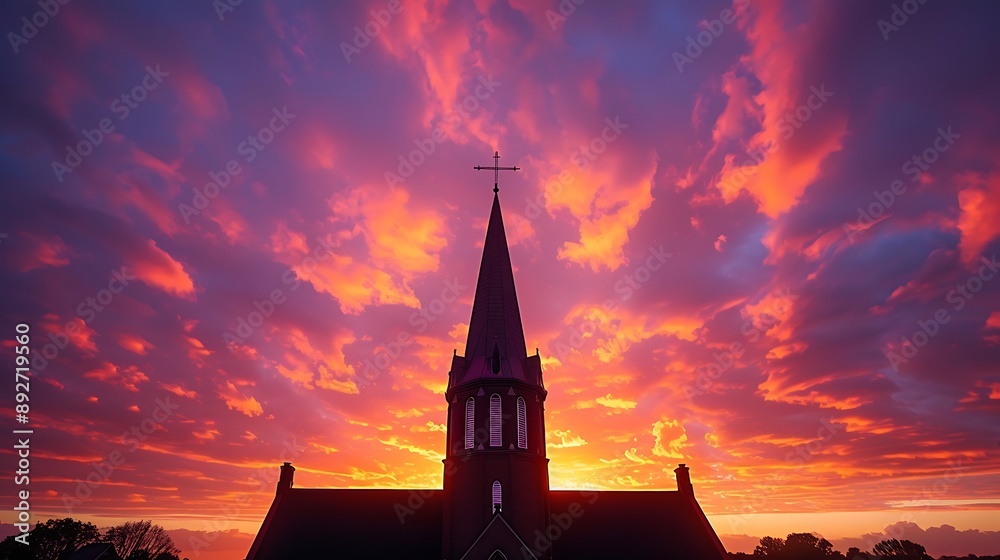 Obraz premium A church steeple with a cross at the top, reaching towards a dramatic sunset sky, the colors creating a stunning backdrop for the elegant architecture,