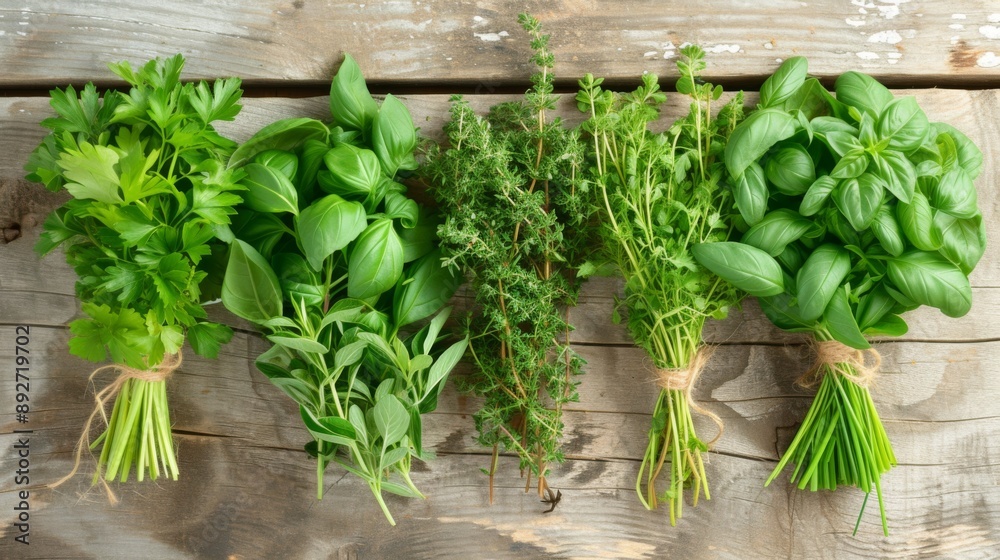 Fresh herbs, such as basil, parsley, cilantro, and thyme, on a rustic wooden table Fresh herbs, such as basil, parsley, cilantro, and thyme, on a rustic wooden table