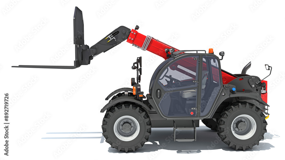 Fototapeta premium Telehandler heavy construction machinery 3D rendering on white background