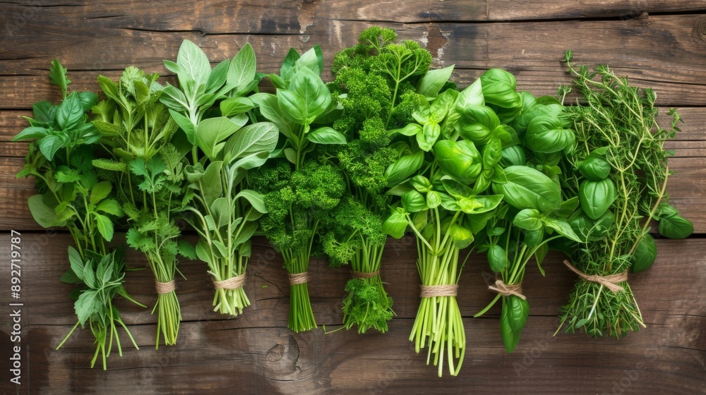 Fototapeta premium Fresh herbs, such as basil, parsley, cilantro, and thyme, on a rustic wooden table