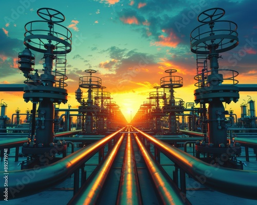 Stunning Industrial Landscape at Sunset Featuring a Network of Pipelines and Valves with Dramatic Sky in the Background
