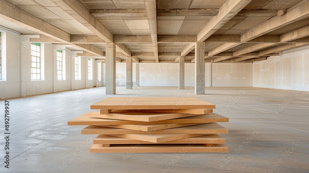 Stacked lumber beams sit on the ground at a new home construction site Stacked lumber beams sit on the ground at a new home construction site