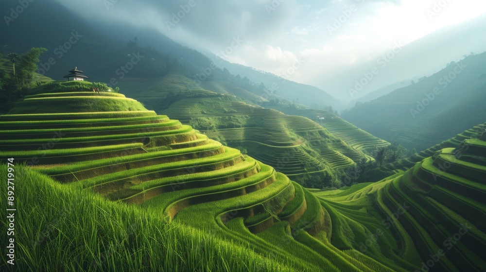 Stunning terraced rice fields in a rural landscape, with lush green paddies cascading down the hillsides Stunning terraced rice fields in a rural landscape, with lush green paddies cascading down the hillsides
