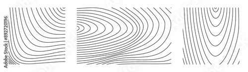 Sound wave irradiation or circular vibrations on the water surface. Set of circular tree rings backgrounds. Abstract radial oblique smooth lines pattern. Vector collection of monochrome backdrops.