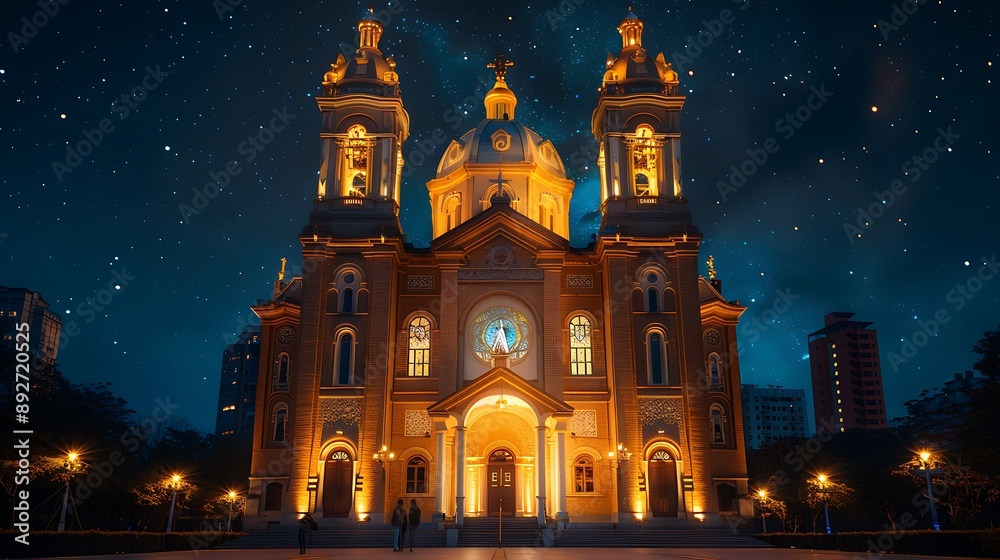 Fototapeta premium A majestic church illuminated at night, the facade glowing with soft golden lights, intricate architectural details visible, a dark, starry sky in the background, the church standing tall and serene,
