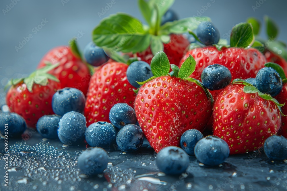 Fresh strawberries and blueberries falling gracefully on a beautiful cyan background Fresh strawberries and blueberries falling gracefully on a beautiful cyan background