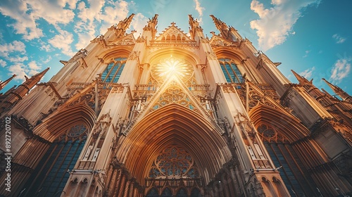 A panoramic view of a Gothic cathedral’s facade, capturing the full expanse of stained glass windows and towering spires, detailed carvings on the exterior walls,