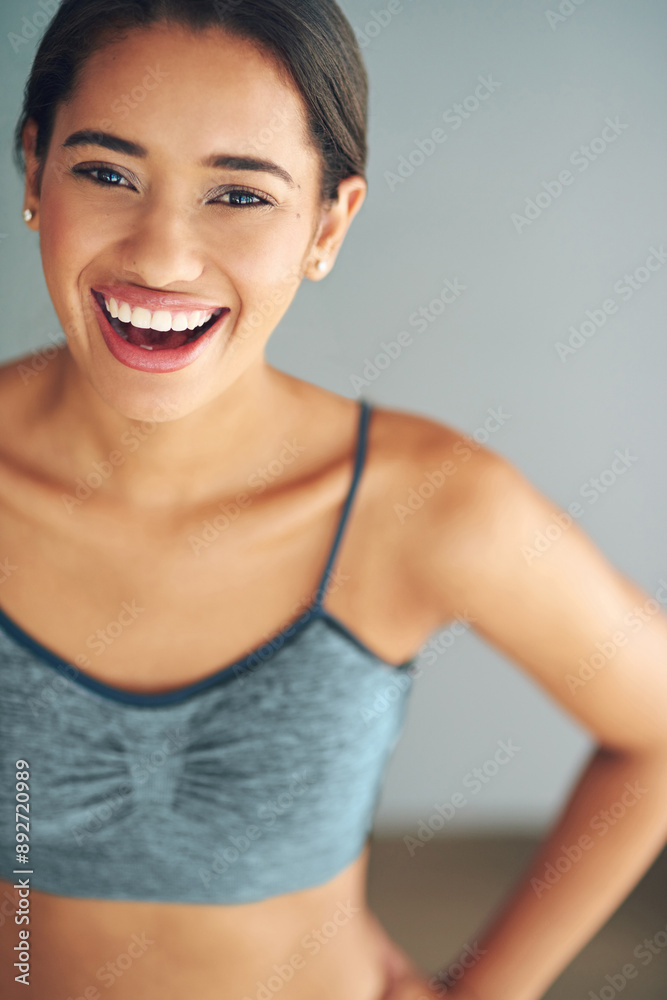 Portrait, woman and relax from fitness by wall background with exercise, training or cardio workout of body wellness. Happy, female athlete and practice with commitment of health progress Portrait, woman and relax from fitness by wall background with exercise, training or cardio workout of body wellness. Happy, female athlete and practice with commitment of health progress