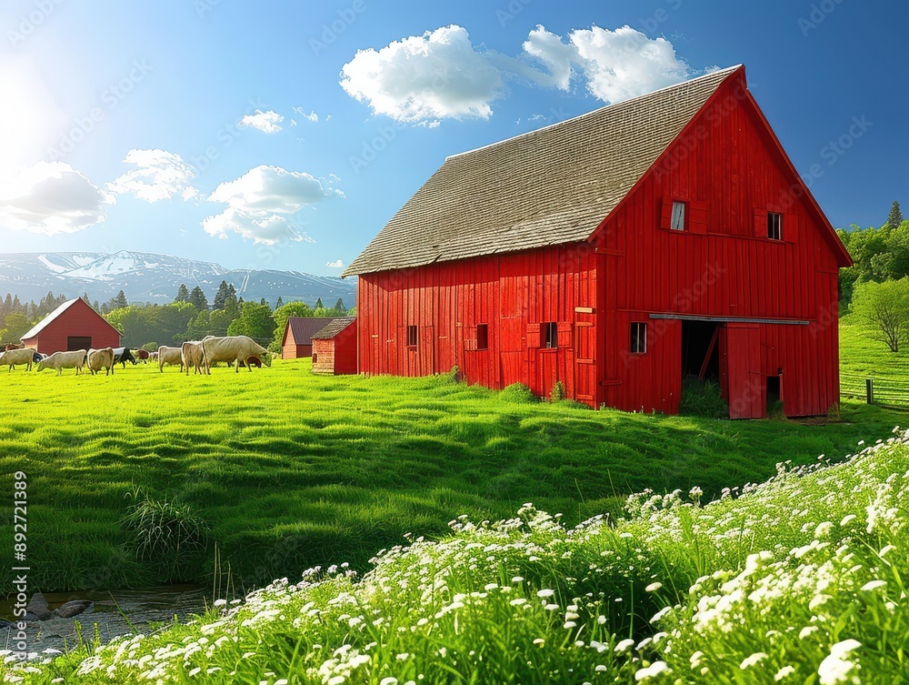 Charming Red Barn in Lush Green Farm Field with Blue Skies and Puffy White Clouds, Highlighting Rural Countryside Scenery and Agricultural Beauty