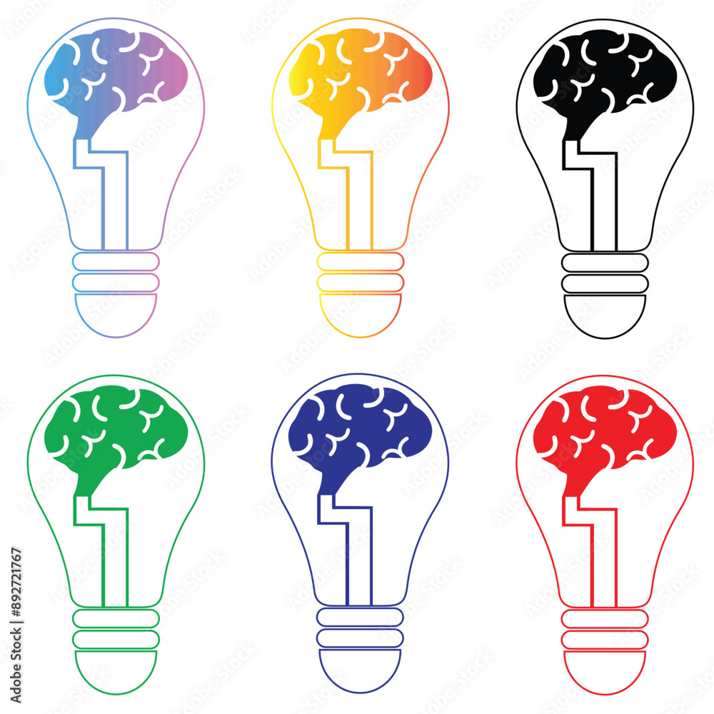 Idea bulb set with brain isolated on white background. Bulb merge or combine with brain in different colors Idea bulb set with brain isolated on white background. Bulb merge or combine with brain in different colors