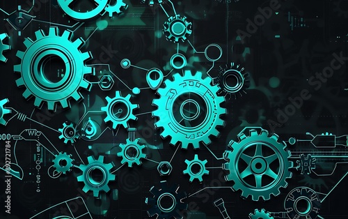 Elegant Futuristic Digital Technology Background with Teal Gears and Cogs on Black, Perfect for Modern Industrial Themes