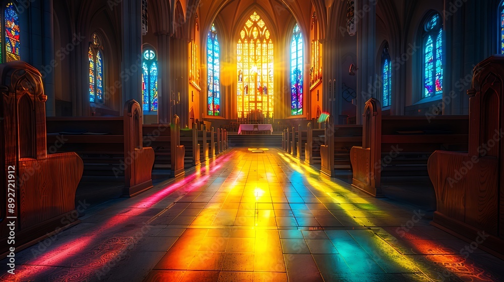 An empty church sanctuary with sunlight pouring through large stained glass windows, creating colorful reflections on the pews and floor, the altar softly lit in the background, An empty church sanctuary with sunlight pouring through large stained glass windows, creating colorful reflections on the pews and floor, the altar softly lit in the background,