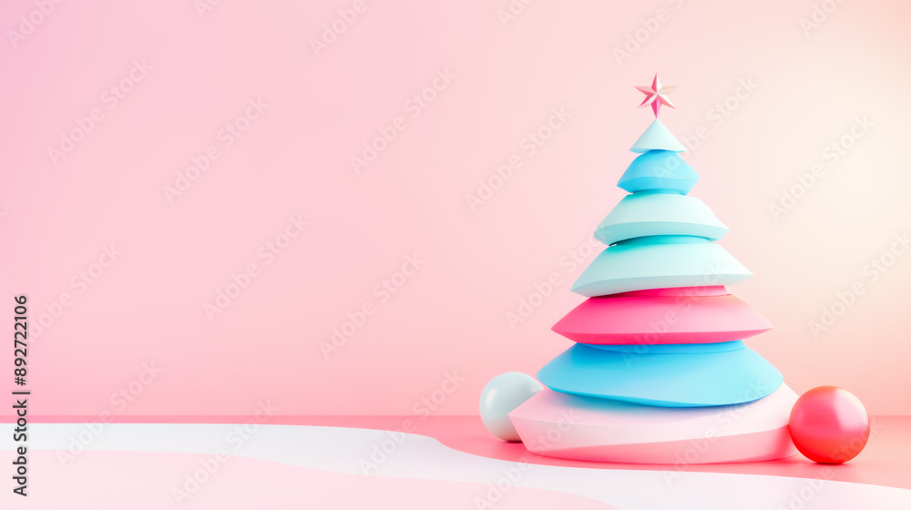 Minimalistic trendy Christmas card with geometric Christmas tree against pastel pink background. Memphis style twist, using bold colors and geometric shapes. Copy space Minimalistic trendy Christmas card with geometric Christmas tree against pastel pink background. Memphis style twist, using bold colors and geometric shapes. Copy space