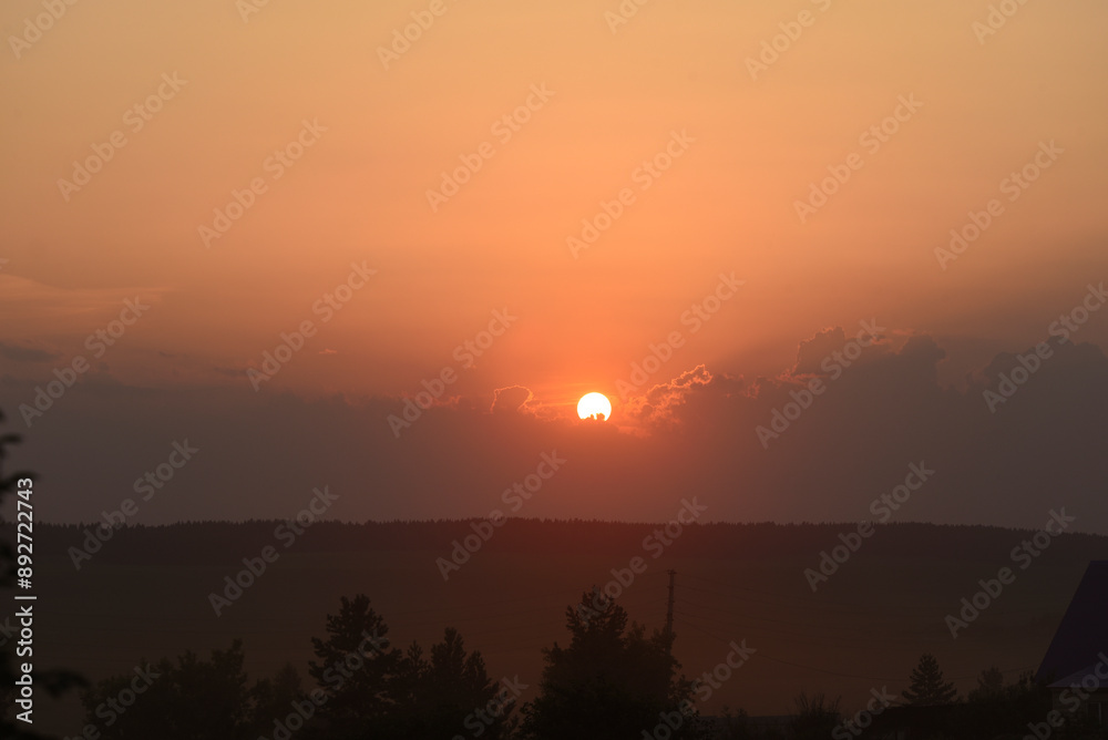 The solar disk. The setting sun in a cloud over the forest. The solar disk. The setting sun in a cloud over the forest.