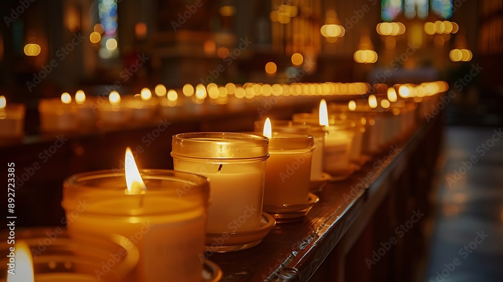 Rows of prayer candles in a church, their flames casting a soft, warm light, the church interior subtly visible in the background, the atmosphere serene and sacred, each candle representing a prayer, Rows of prayer candles in a church, their flames casting a soft, warm light, the church interior subtly visible in the background, the atmosphere serene and sacred, each candle representing a prayer,
