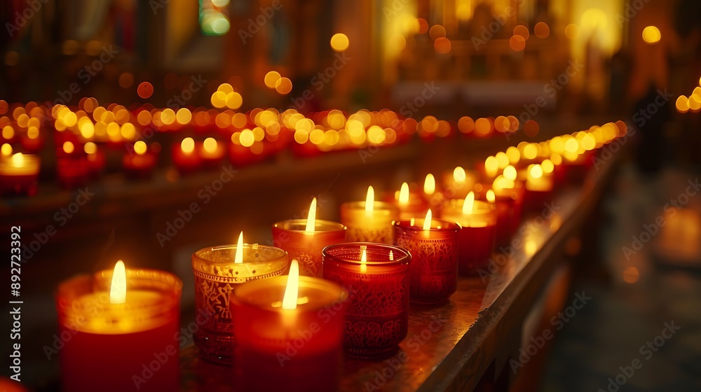 Rows of prayer candles lit by churchgoers, flickering flames casting a warm glow, the soft light creating an atmosphere of reverence and peace, the background blurred with the hint of a church altar,