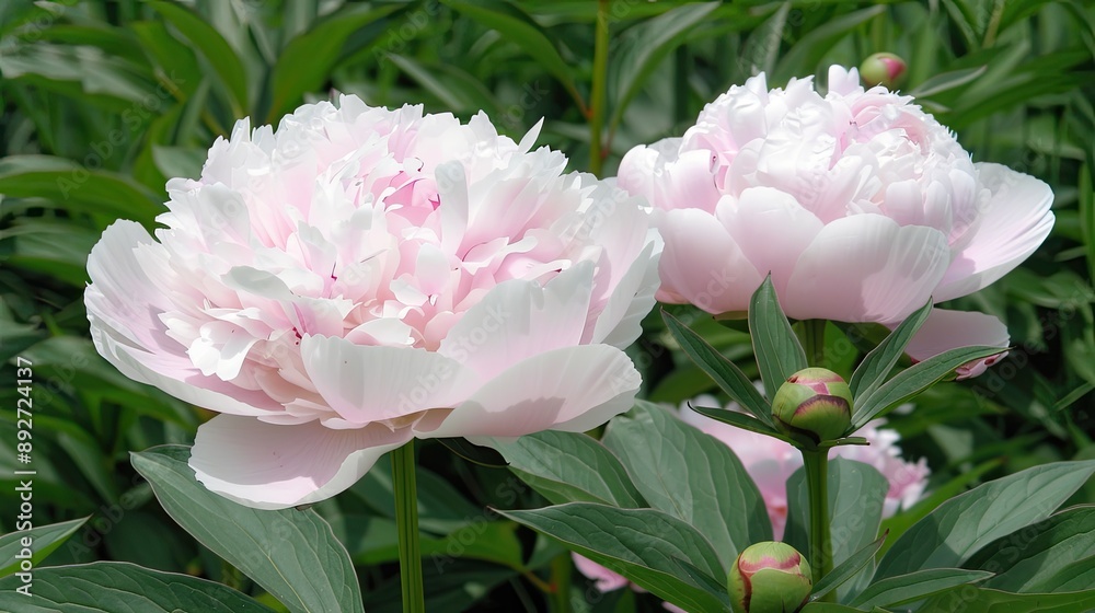Two pink peony flowers in full bloom surrounded by dark green leaves Two pink peony flowers in full bloom surrounded by dark green leaves