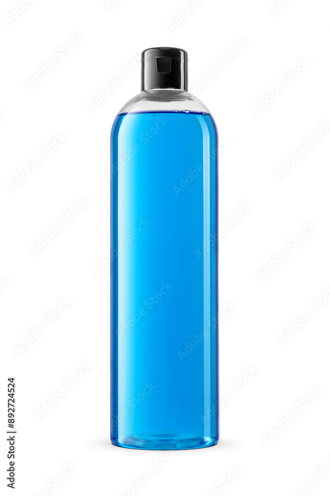 Blue shower gel or shampoo in plastic bottle with black cap isolated. Transparent PNG image. Blue shower gel or shampoo in plastic bottle with black cap isolated. Transparent PNG image.