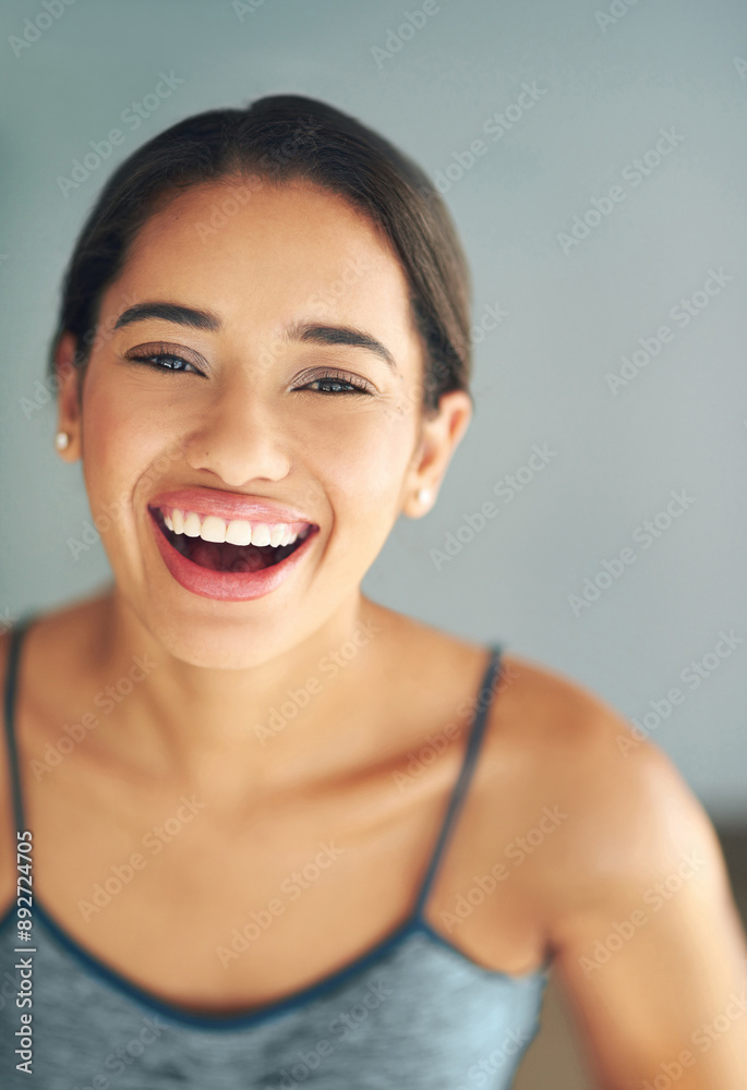 Woman, portrait and athletic in studio or laugh, smile and runner for body health challenge. Background, workout results and satisfaction for progress, proud and confident or happy for sport Woman, portrait and athletic in studio or laugh, smile and runner for body health challenge. Background, workout results and satisfaction for progress, proud and confident or happy for sport