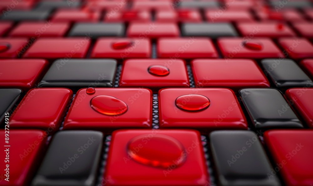 Fototapeta premium Red and Black Tiles with Water Drops