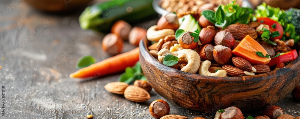 Fresh nuts and vegetables in a rustic wooden bowl, vibrant colors and textures, Paleo diet concept Fresh nuts and vegetables in a rustic wooden bowl, vibrant colors and textures, Paleo diet concept