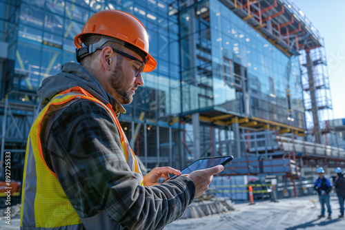 Wallpaper Mural A construction worker wearing a safety vest is using a tablet to check a building's blueprints Torontodigital.ca