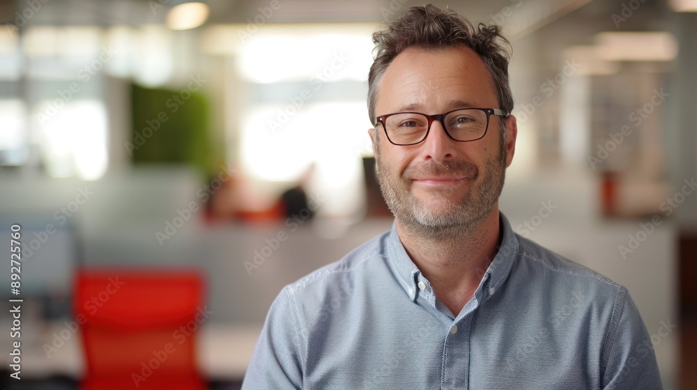 Smiling man in office space with blurry background. Smiling man in office space with blurry background.